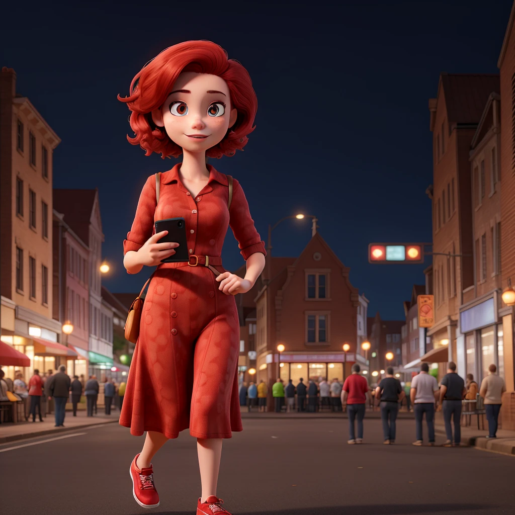 red hair woman, mobile phone, Red dress, Black background, town,
cameras. fans around, on one side located




