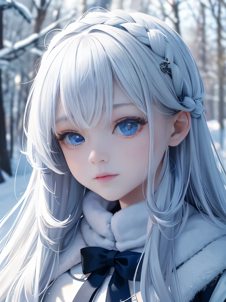 Portrait, high quality, Ukrainian  fairy winter snow in the forest through the trees About 10 years old, blue eyes, smooth skin, ((Best quality, 8k, Masterpiece :1.3)), 1girl, Pretty girl , Casual outfit :1.2, in the forest, Ultra-detailed face, Detailed eyes, Double eyelid