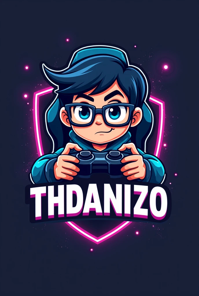 Make a logo mascot of a gamer boy with square glasses and that has the letters “THDANIIZO” on a gamer chair