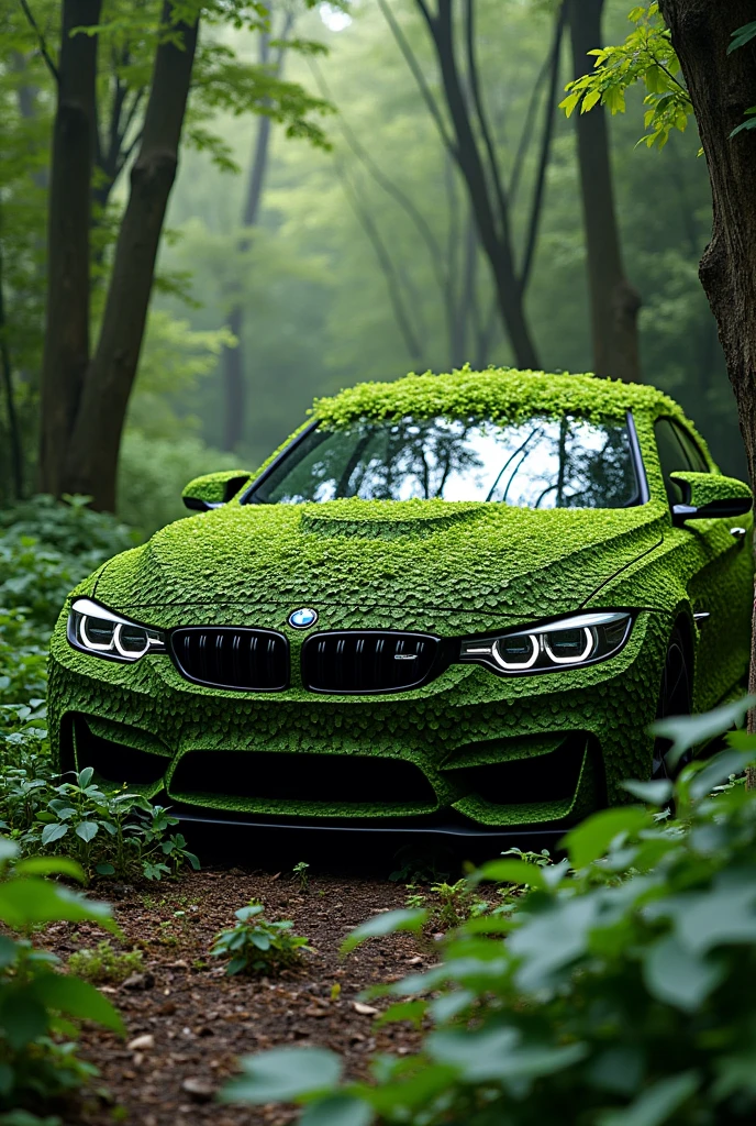 Make a camouflaged Bmw m4 that looks like a bush to escape a robbery