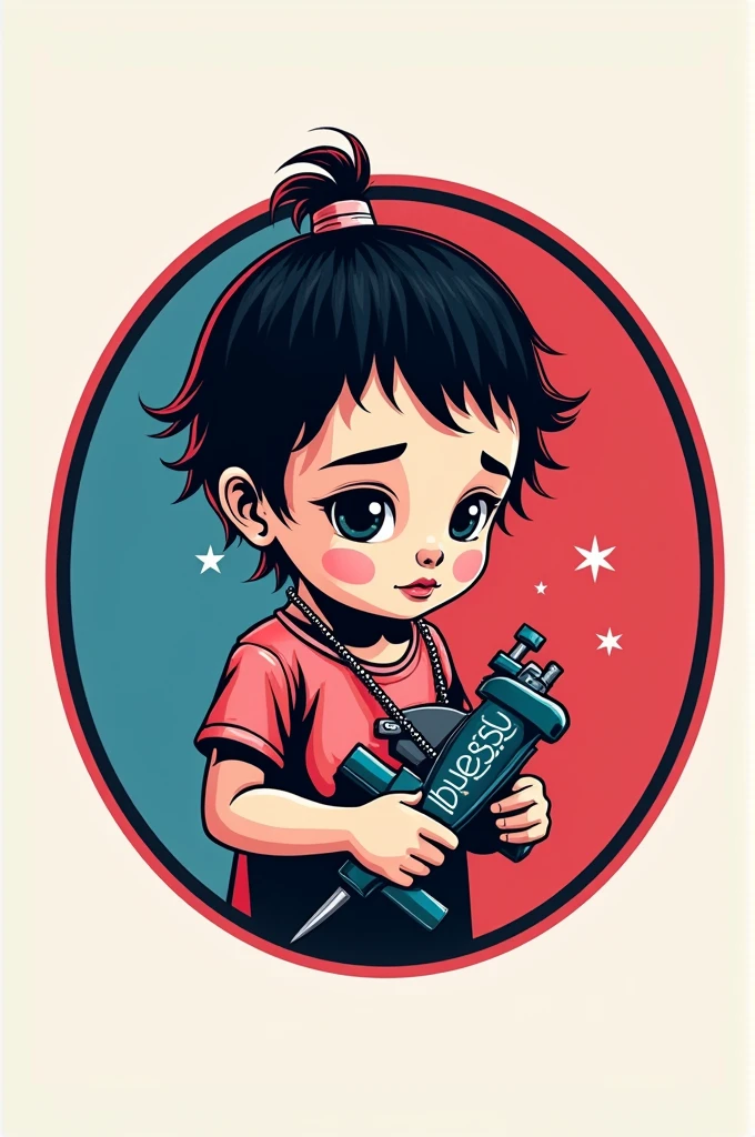A circle logo with a small Javanese child tattooed inside holding a tattoo machine with the words blessink tattoo written on the back in red, blue, pink, black.