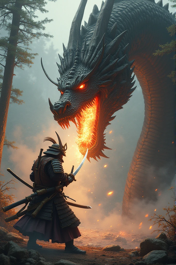 "A fierce samurai in traditional armor, wielding a katana, engaged in an epic battle with a massive, fire-breathing dragon. The setting is a misty, ancient Japanese forest with towering trees and a mystical atmosphere. The samurai's intense expression and powerful stance contrast with the dragon's menacing, scaled body and fiery breath. The scene is dynamic, capturing the tension and drama of the clash between these two powerful figures."
