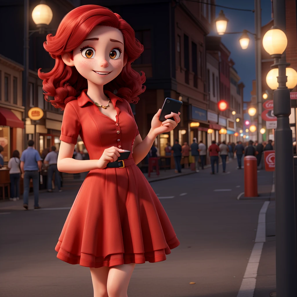 red hair woman, mobile phone, Red dress, Black background, town,
cameras. fans, on one side located