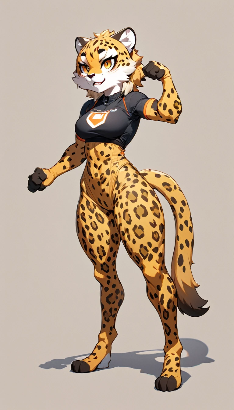 (masterpiece, best quality:1.2), 1 girl, solo, full body, (anthropomorphic Cheetah, furry, kemono), strong mental strength, simple background