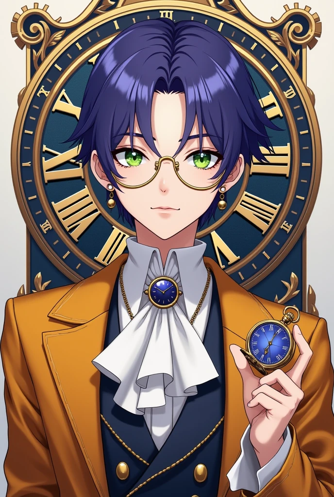 A young male Idol with neat and elegant purple-blue hair. Wearing a European-style sexy performance outfit in main color Amber and white, European suits combined with Gothic and Baroque styles, stylized like a sexy fashion model. Wearing gold monocle glass and holding a sapphire blue pocket watch. Green eyes. Earrings stylized to match the outfit.
On the background is the Deus ex Machina logo with the symbol of a time-traveling clock. The main color is #e8b923.