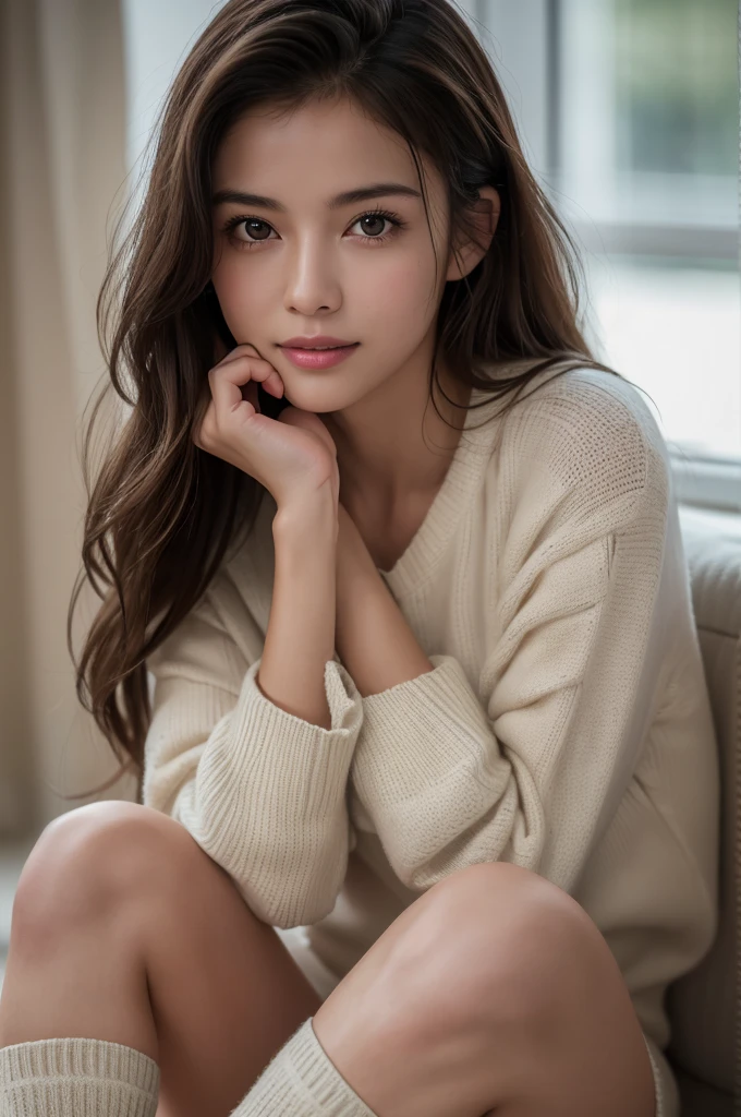 (8K, RAW Photos, Highest quality, masterpiece:1.2), (Realistic, photo Realistic:1.3), Ultra-high resolution, High-definition RAW color photos, Sharp focus, (Real Skin), (Perfect Anatomy), thin, ((Cinema Lighting)), (Moist lips),
Break 1 Girl, alone, View your viewers, Messy Hair, smile, Wearing cozy pajamas, Knitted socks, at home,