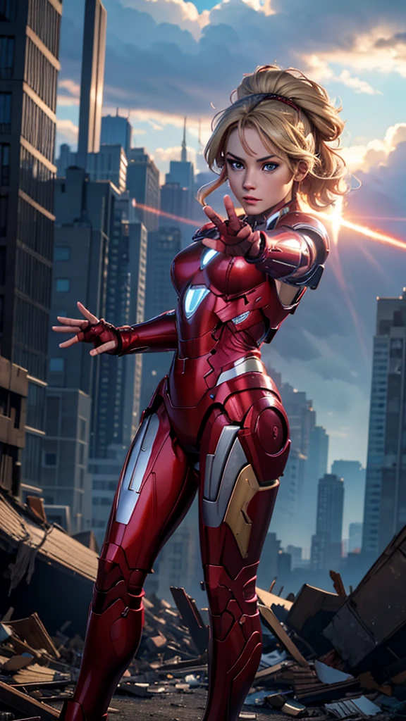 Ironman, (Marvel comics), Marvel Avengers, sexy girl, powerful, red classic sexy armor, broken armor, Young, skynny body, small and beautiful buttocks, toned abdomen, small and beautiful breasts, concerned, very sensual, she is flying in the sky, she is shooting energy rays with her hand, rocket propulsion at your feet armor, power center, planes, clouds, New York City on fire, destroyed buildings in the background, Dramatic background, many scared people, alien invasion, sensual look, Beautiful blue eyes, classic hairstyle,Hair dyed in bright blonde color, semidesnuda, best quality,4k,8k,A high resolution,masterpiece,Ultra detailed,realistic, Photorealistic,photo realistic, ultra realistic, gran definición,