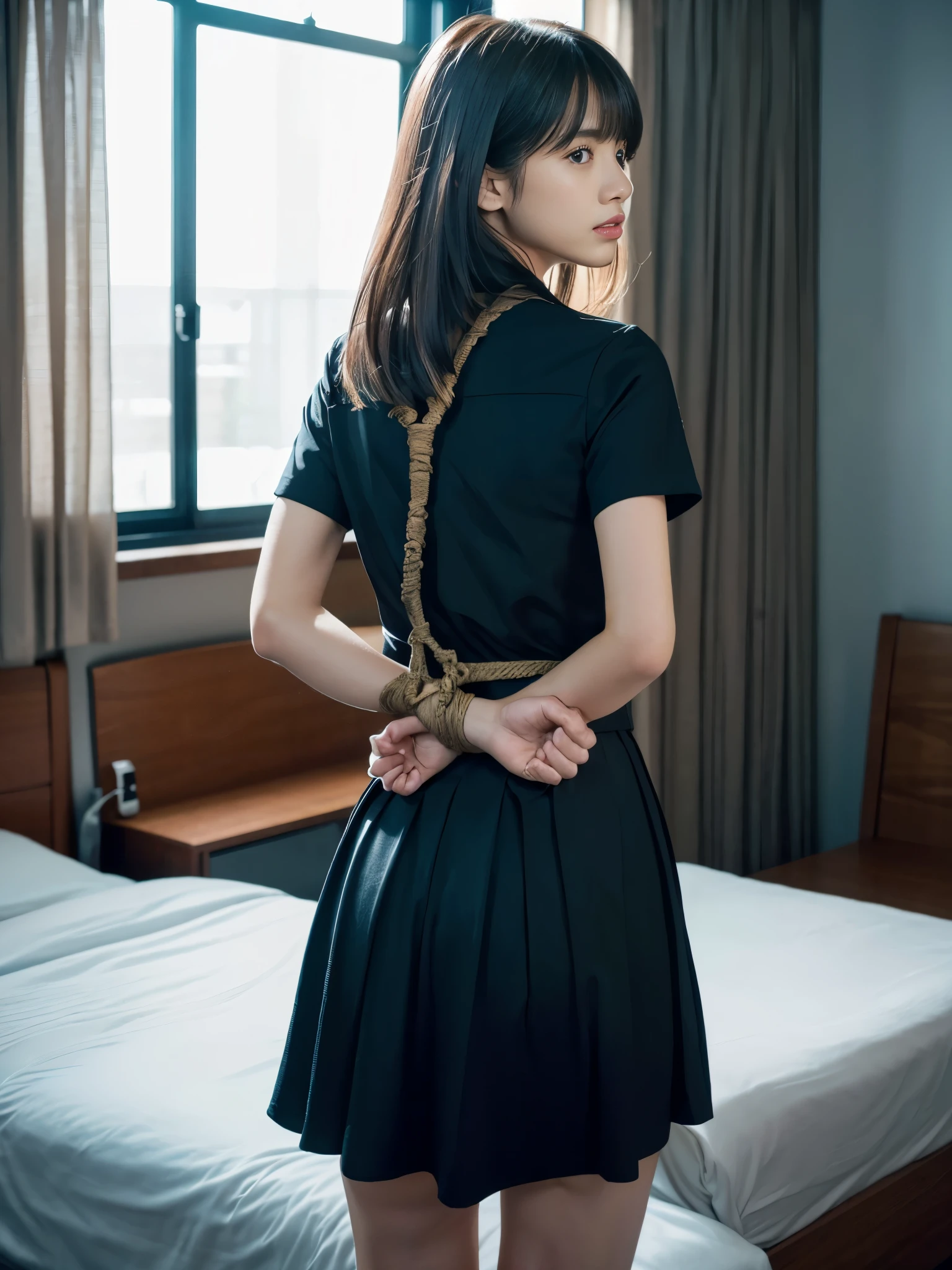 Kidnapped Woman、His hands are tied、((Place your hands behind your back))、((Place your hands together and cross them behind your back))、(((Her wrists are tied with rope、shibari)))、Beauty、２０age、university student、(anatomicaly, Has two arms and two hands)、In a hotel room with the lights on、Stand by the window、Outside the window is the night sky、There are many stars、Wearing a short-sleeved blouse、Wear a skirt、Uniform eyes、Proportioned proportions、Model body type、Small breasts、Small face、(I can see from head to heel), Black Hair, bangs, swept bangs, Straight hair, Nervous, Messy Hair, Floating hair, Cinema Lighting, tachi-e, First-person view, throw, From behind, F/1.2, Nikon, Surrealism, 超High resolution, Highest quality, High resolution, 8k, Textured skin, anatomicaly正しい体,