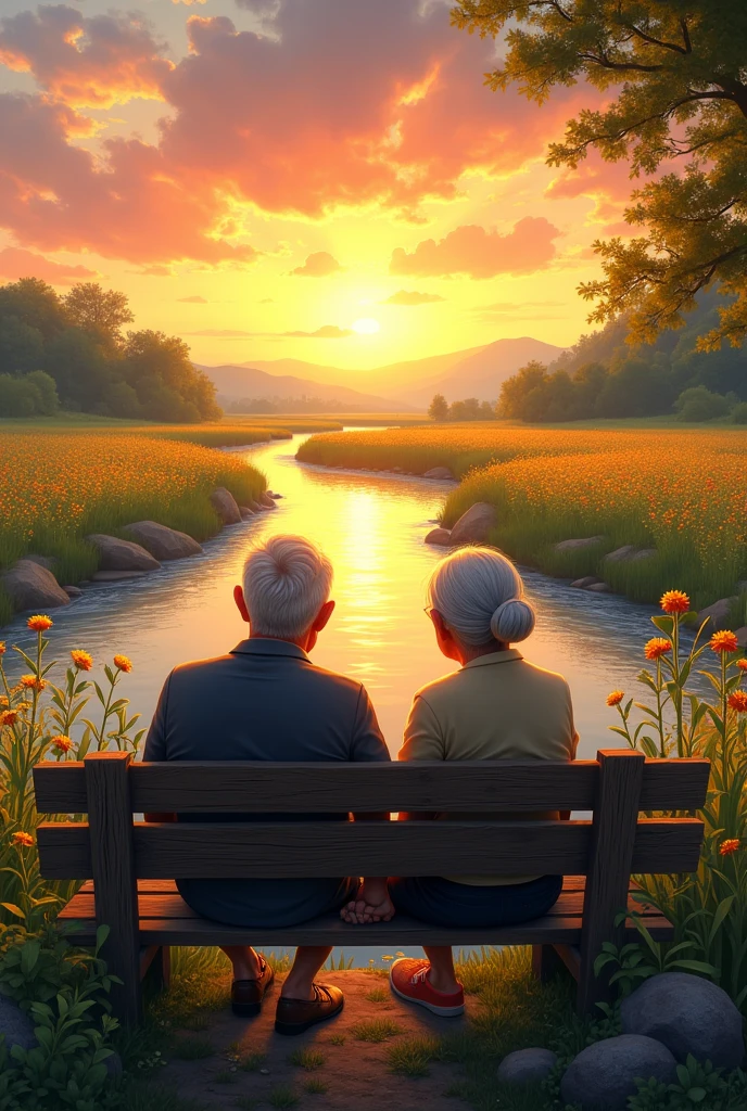 Generate a prompt from an elderly couple sitting on a wooden bench on the edge of a river, watching the landscape and feeling the breeze of a sunset overlooking a beautiful field of colorful flowers