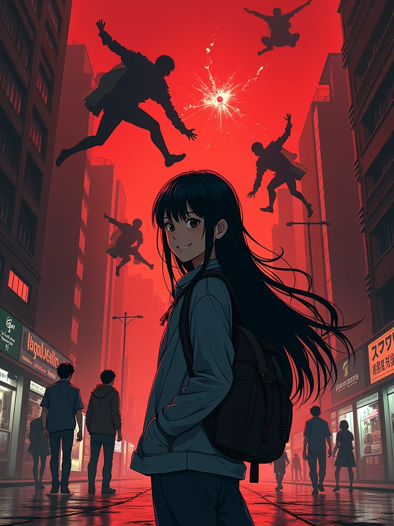 Design a cover for a dark fantasy psychological drama light novel set in Rio de Janeiro in 2050, with a style similar to "inuyasha" ou "Yuyu Hakusho", showing a smiling Japanese teenager holding a backpack with long black hair in the foreground, while in the background other characters fight; use a red and black palette, and put the title in a box in the upper right corner.