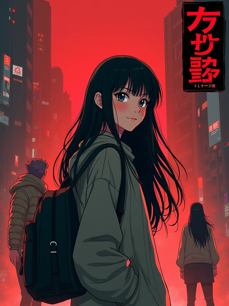 Design a cover for a dark fantasy psychological drama light novel set in Rio de Janeiro in 2050, with a style similar to "inuyasha" ou "Yuyu Hakusho", showing a smiling Japanese ager holding a backpack with long black hair in the foreground, while in the background other characters fight; use a red and black palette, and put the title in a box in the upper right corner.