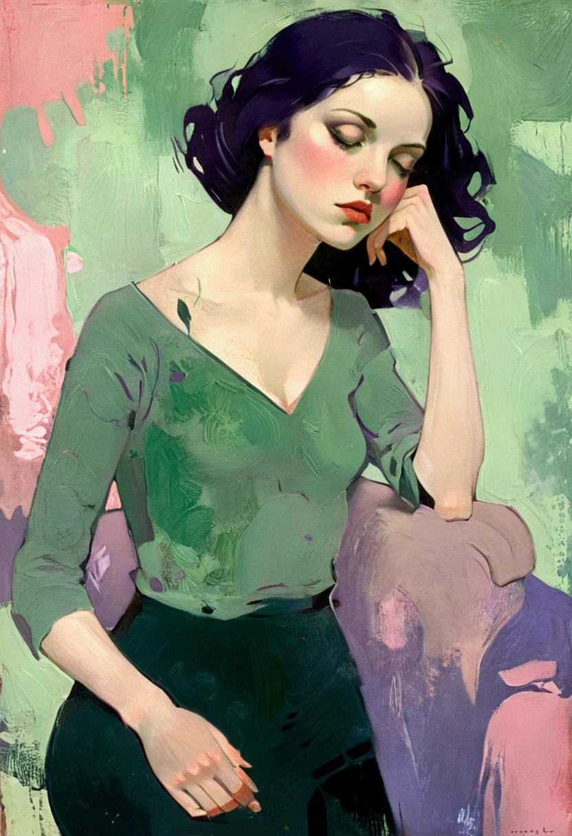 Create a portrait of a young woman in a semi-reclining pose with a pensive expression. Her eyes never leave yours, sparkling with a mixture of vulnerability and raw sensuality. Use a painterly style inspired by Malcolm Liepke, characterized by expressive brushstrokes and rich texture. Employ a color palette of muted greens, soft pinks, deep purples, and subtle flesh tones to evoke a sense of depth and emotion. The background should consist of abstract, textured layers in complementary colors, blending seamlessly with the figure. Pay attention to the contrast between the smooth, detailed rendering of the face and the rough, textured application of paint in the surrounding areas. Capture the delicate balance of vulnerability and strength in the subject's gaze and posture