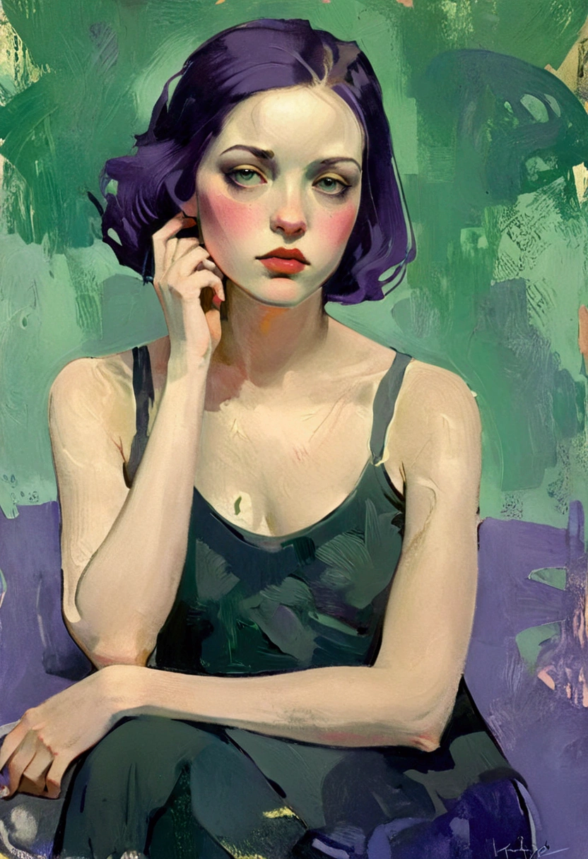 Create a portrait of a young woman in a semi-reclining pose with a pensive expression. Her eyes never leave yours, sparkling with a mixture of vulnerability and raw sensuality. Use a painterly style inspired by Malcolm Liepke, characterized by expressive brushstrokes and rich texture. Employ a color palette of muted greens, soft pinks, deep purples, and subtle flesh tones to evoke a sense of depth and emotion. The background should consist of abstract, textured layers in complementary colors, blending seamlessly with the figure. Pay attention to the contrast between the smooth, detailed rendering of the face and the rough, textured application of paint in the surrounding areas. Capture the delicate balance of vulnerability and strength in the subject's gaze and posture