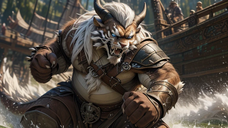 head、Animal cat face、A pair of dragon horns,Full body of fluffy white hair、Heavy breathing、Gnashing of teeth,Serious expression,Fluffy belly、Leather Armor,Viking style,wildcat、blue eyes,(contour)Full body covered with long white hair、Hairy body、Fangs、4K,Sharp claws,On board(8K, best quality, masterpiece),{Practical, RAW photos, Ultra-fine transparent, Impressionist Painting, (Influenced by Impressionism, 加勒比pirate:1.6)}, pirate, 在pirate船的甲板上与敌人fighting, fighting, Fight to the Death, Fierce Battle, hot, Blood splatter, Energetic