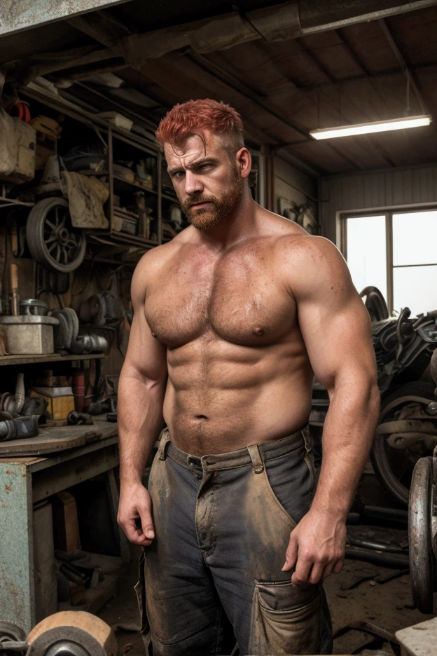 white man with red hair and beard, he is naked, he is dirty with grease, he is in a mechanic shop with old cars in the background
