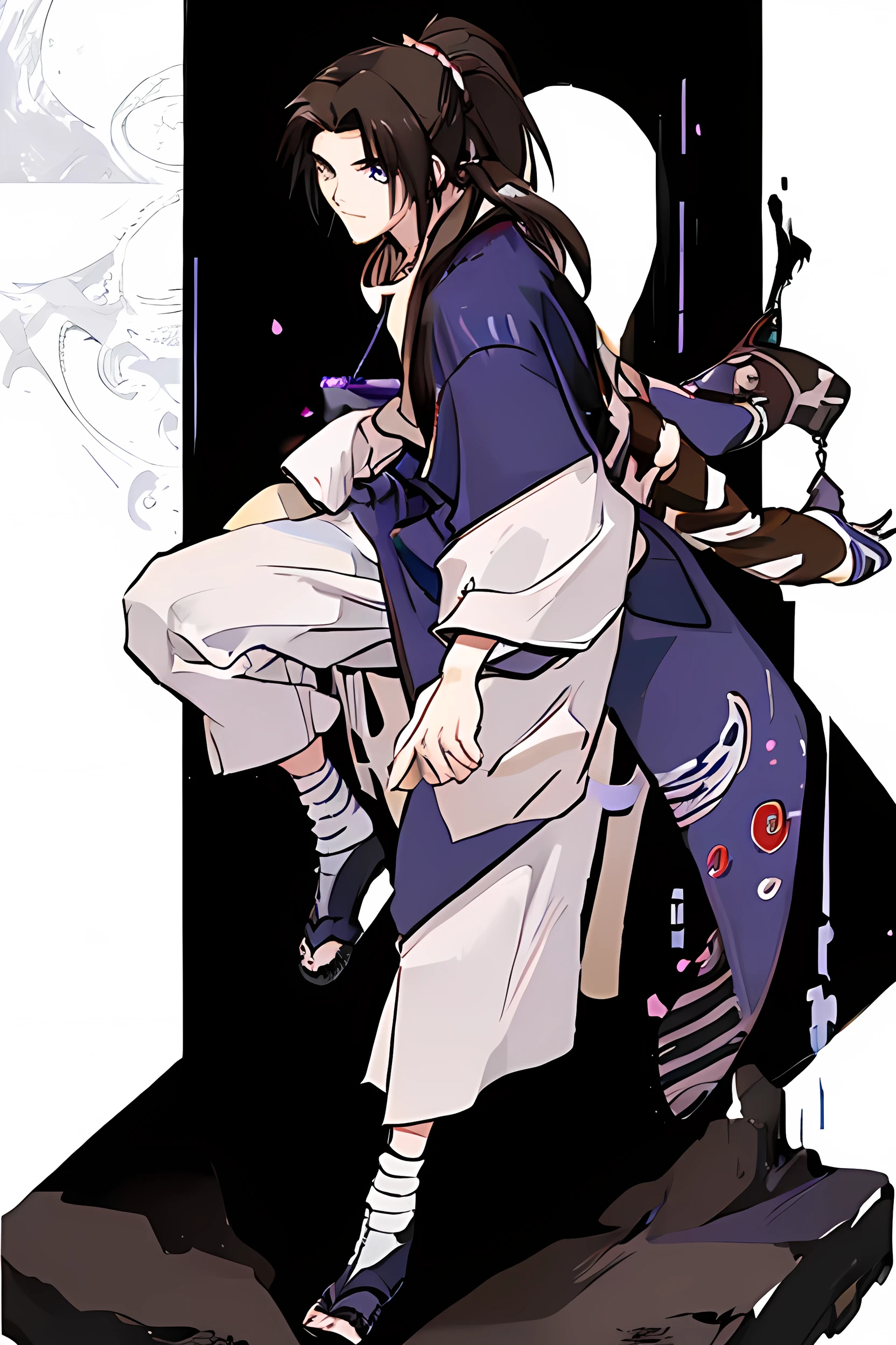 He has long brown hair tied in a ponytail that reaches his neck. His pale skin resembles ivory cream, and his eyes are a violet-purple color. He wears a light blue haori over a high-collar black kimono that reaches his ankles. Underneath, he has a black muscle shirt with chain armor, along with a pair of anbu pants and traditional Japanese sandals. To complete his look, he wears a red scarf. He is around 15 years old. He looks elegant, like a samurai.