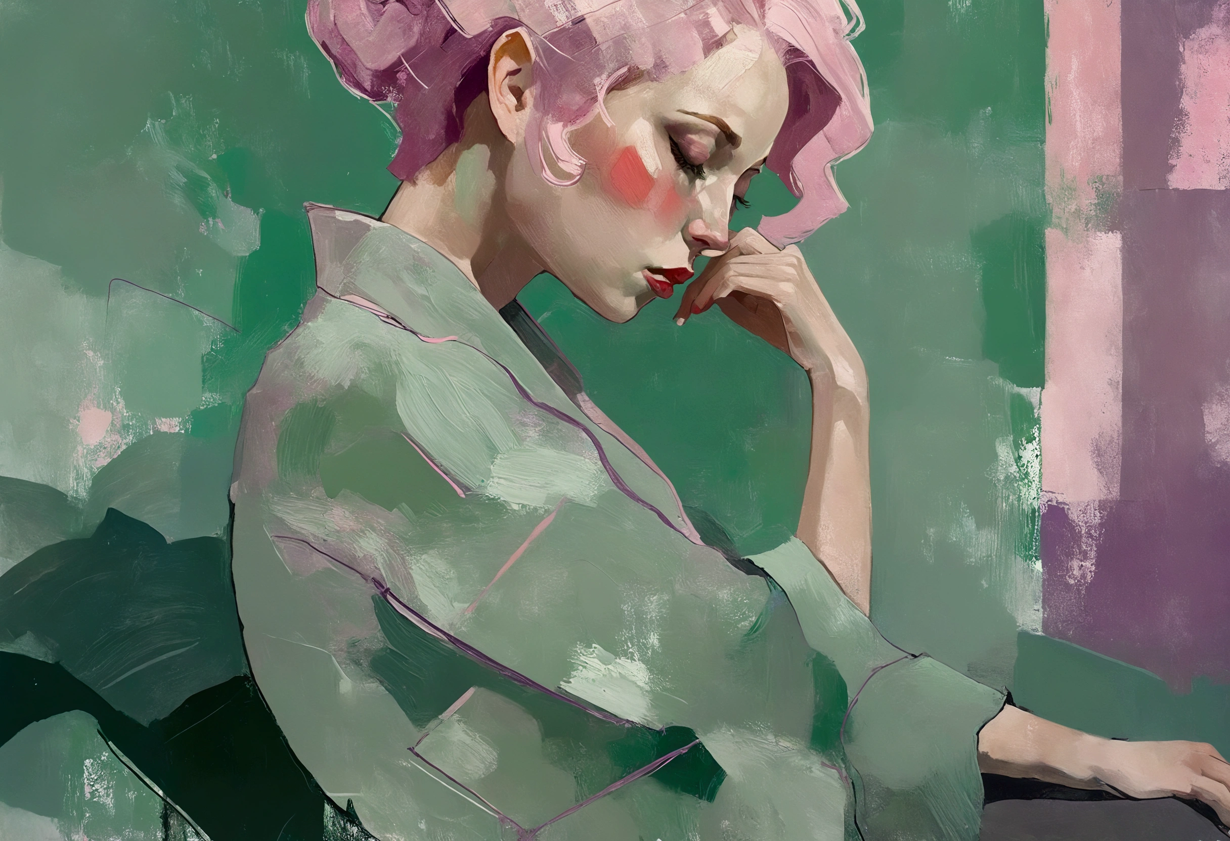 Create a sensual illustration of an elegant 1980s woman in a semi-reclining pose with a pensive expression. Use a painterly style inspired by Malcolm Liepke, characterized by expressive brushstrokes and rich texture. Employ a color palette of muted greens, soft pinks, deep purples, and subtle flesh tones to evoke a sense of depth and emotion. The background should consist of abstract, textured layers in complementary colors, blending seamlessly with the figure. Pay attention to the contrast between the smooth, detailed rendering of the face and the rough, textured application of paint in the surrounding areas. Capture the delicate balance of vulnerability and strength in the subject's gaze and posture