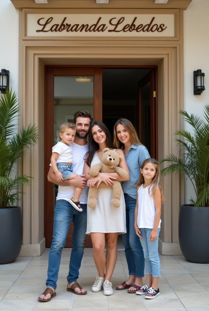 Two families at the entrance of the Labranda Lebedos hotel, poses in a friendly atmosphere. above the entrance door "Labranda Lebedos" The text attracts attention, next to them is a modern building surrounded by palm trees and tropical plants.
In the first family, brunette father with an upright stance gülümserken yanında sarışın bir anne yer alıyor. Anne, She holds her 3-year-old blonde son in her arms; little boy hugging his mother, looking around happily. next to them, 6 year old blonde , with a teddy bear in his hand, smiling cheerfully. baba, He put his hand on his daughter's shoulder, Everyone has a smile on their face that reflects holiday enthusiasm..
In the other family, brunette father, He stands side by side with his black-haired wife. Black haired mother, with an upright stance, looking into the camera with a slight smile. next to them, 20 year old brunette girls, He stands the same height as his mother and is between his mother and father., you have a happy expression on your face.
Both families are at the entrance of the hotel, They posed standing close to each other. This group of seven people, In front of the hotel's elegant door, creates a warm and cheerful atmosphere reflecting the holiday atmosphere.