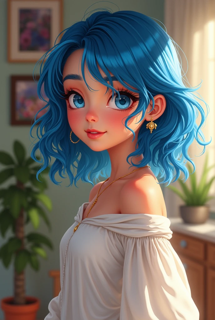 Latina 15 years old blue hair white clothes at home