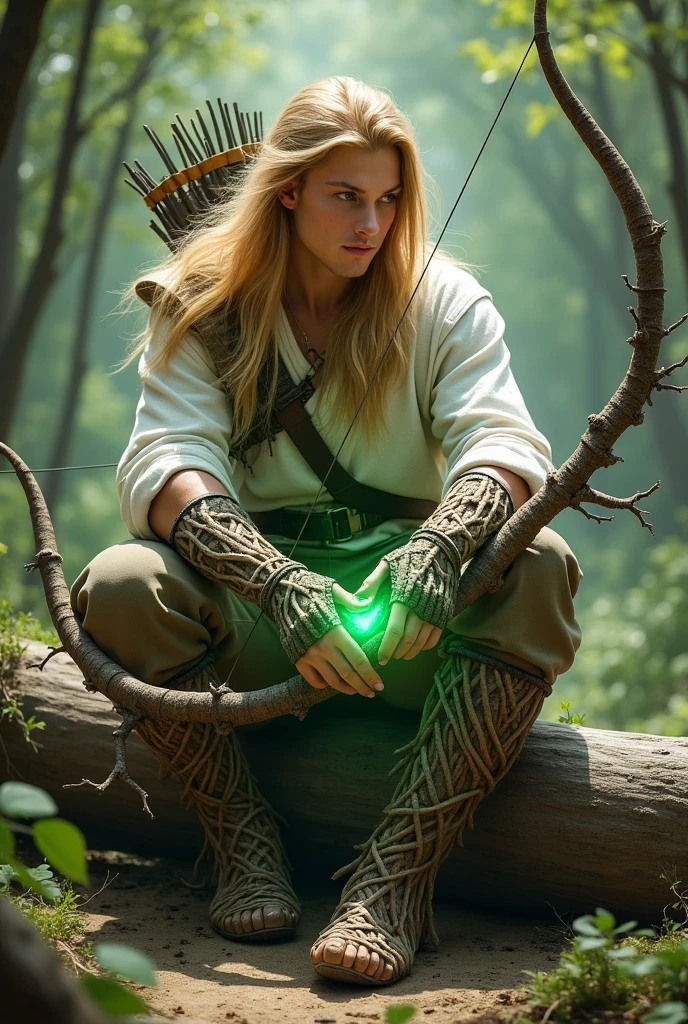 Create an image of a young man with very long golden hair, sitting on a log. He holds a war bow in his hands that is imbued with a glowing green energy. The young man is dressed in a mix of white and camouflage clothing, with boots made from intertwined roots, matching the design of his bow. He wears fingerless leather gloves, ideal for drawing and shooting his bow. The scene should convey a sense of readiness and connection with nature.