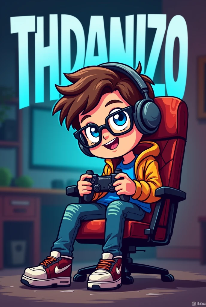 Make a logo mascot of a gamer boy with square glasses and the letters “THDANIIZO” on a brown gamer chair