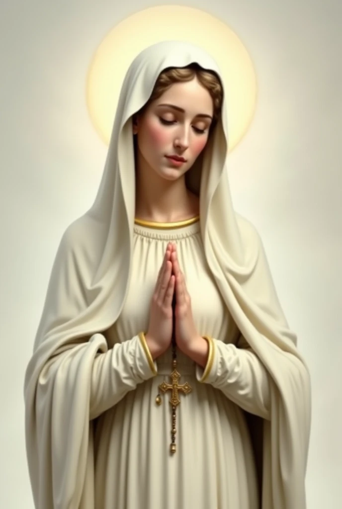 Create sacred art of images of Our Lady with a white veil, modest white dress, with hands folded in prayer with a rosary, looking down