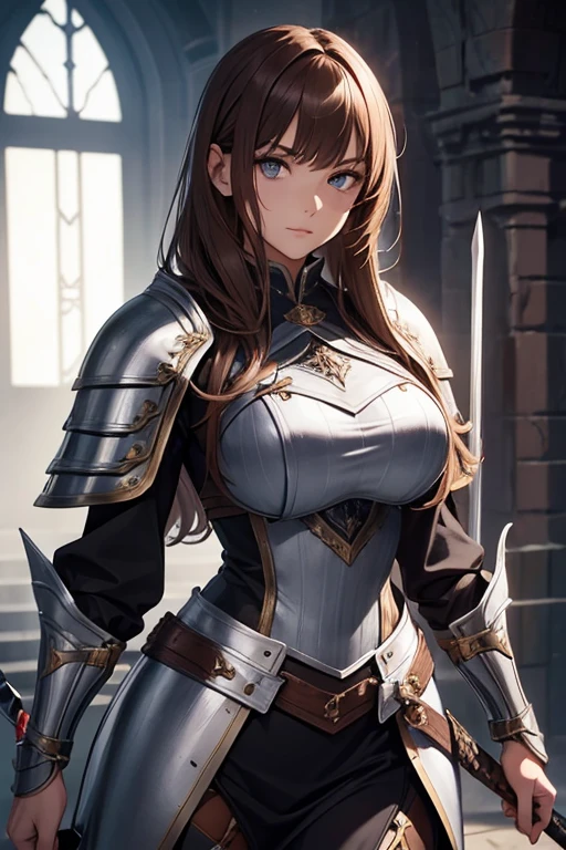 young woman, dressed in knight costume, equipped with a sword in the waist sheath, corpo sexy, brownhair, eyes browns, warrior shield equipped on back. She is posing attractively.
