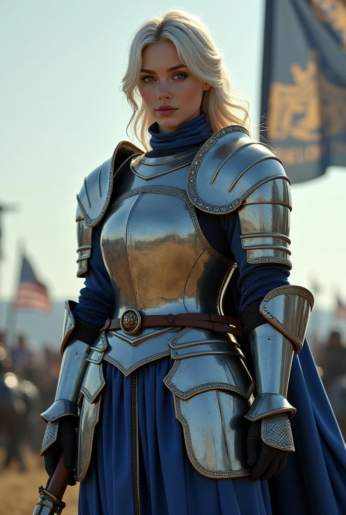 1 woman, cathedral knight,Armor, 검은stockings, attractive description, Staring straight ahead, outdoor, Templar, heavy armor, Full plate armor, blue dress, No twin cuffs, flag, Japanese sword, battlefield, Beauty, pretty face, 팬티stockings, White skin, 팬티stockings, stockings, face transformation