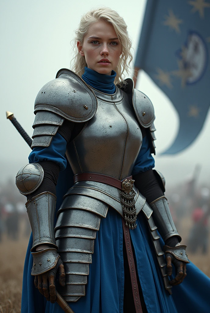 1 woman, cathedral knight,Armor, 검은stockings, attractive description, Staring straight ahead, outdoor, Templar, heavy armor, Full plate armor, blue dress, No twin cuffs, flag, Japanese sword, battlefield, Beauty, pretty face, 팬티stockings, White skin, 팬티stockings, stockings, face transformation