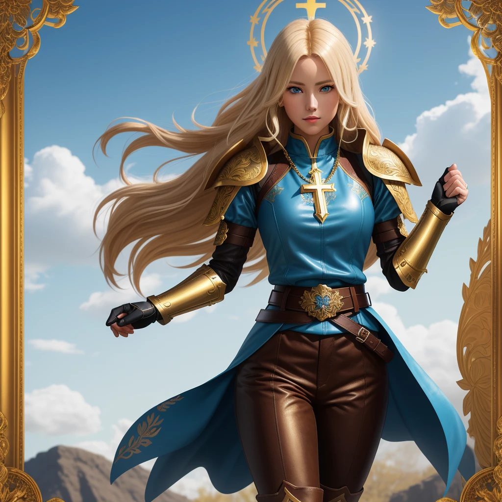 A full-body portrait of a young woman in anime style, with long, light blonde hair, framed by a white mantle adorned with golden details. She has intense blue eyes and wears a form-fitting blue armor with intricate engravings of leaves and flowers, and golden metal pieces covering her shoulders and arms. A dark brown leather belt with metallic buckles secures her armor at the waist. She wears brown leather boots, standing in a dynamic action pose. A cross-shaped pendant adorns her chest. The background features a blue sky with fluffy clouds, highlighting her majestic and noble appearance, visible from head to toe, wear tight pants
