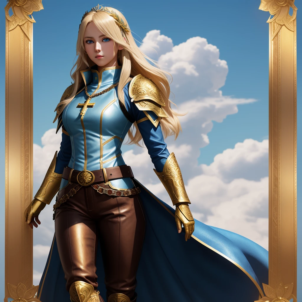 A full-body portrait of a young woman in anime style, with long, light blonde hair, framed by a white mantle adorned with golden details. She has intense blue eyes and wears a form-fitting blue armor with intricate engravings of leaves and flowers, and golden metal pieces covering her shoulders and arms. A dark brown leather belt with metallic buckles secures her armor at the waist. She wears brown leather boots, standing in a dynamic action pose. A cross-shaped pendant adorns her chest. The background features a blue sky with fluffy clouds, highlighting her majestic and noble appearance, visible from head to toe, wear tight pants
