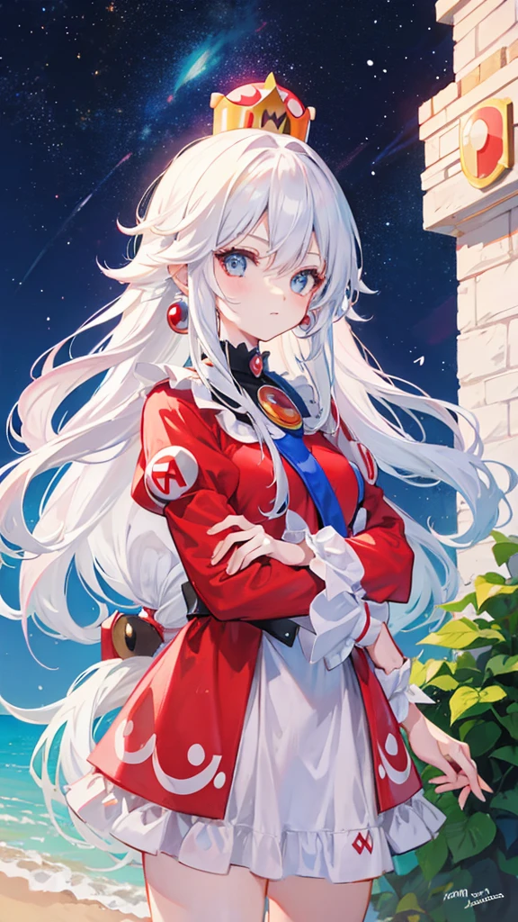 Girl with long white hair, wearing Mario clothes from Super Mario Bros