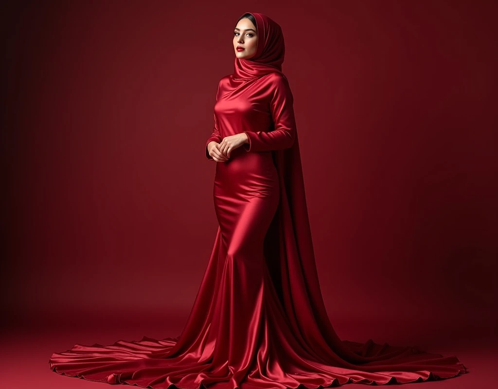 Captivating, elegant woman is engendered in a cascade of four-meter-long, ruby-red, plush satin fabric. The material clings tightly to her figure, spreading out into a pooled train at her feet, mimicking a mermaid's tail. A satin hijab cloaks her head, hotel room, revealing only a hint of her upper body. This full-body portrait radiates a mythical sophistication. Wrapped, eth