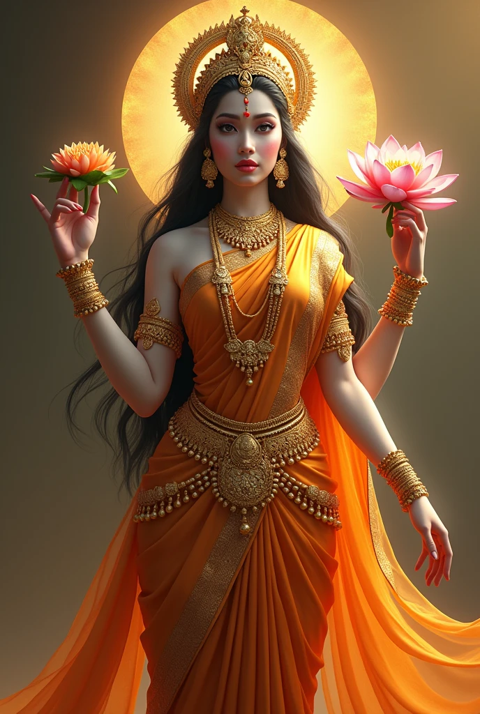 An indian Goddess. Perfectly shaped. Long straight thick hair. White skin with Golden glow. Forehead smeared with red vermillion. Wearing kerala saree having golden boarders. a crown. Adorned with golden ornaments. 
Holding lotus in left hand. Right hand in blessing posture. 
Dark eyes and thick lips.