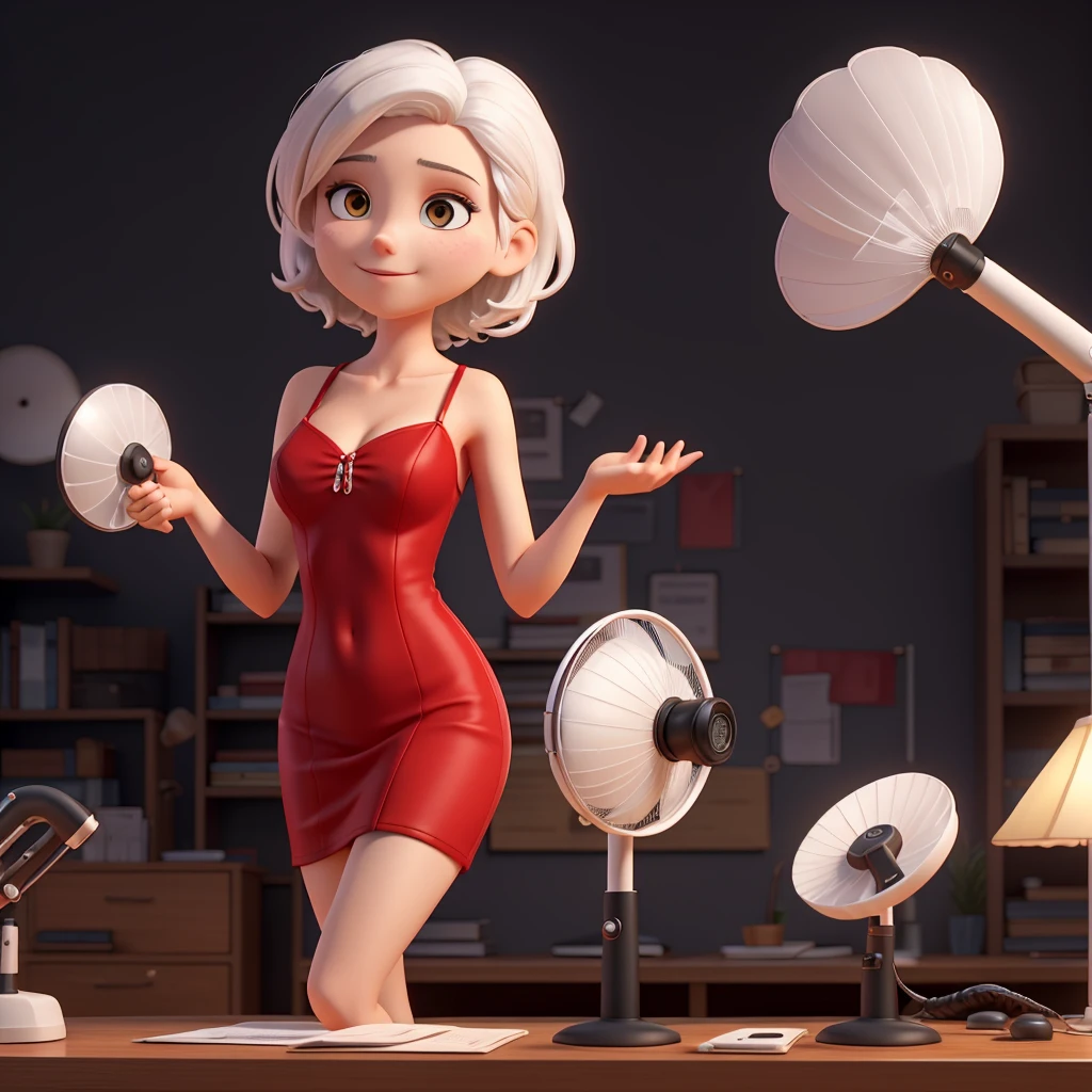 woman white hair, mobile phone, Red dress, Black background,
cameras, fans, located side, desk, alone