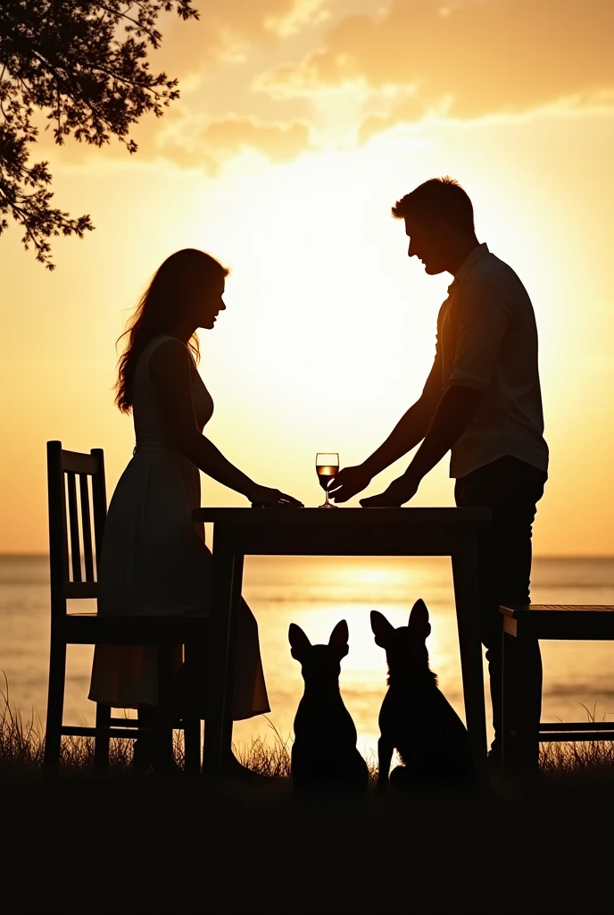 Family silhouette holding hands, table, mama, son, is, and 4 french dogs