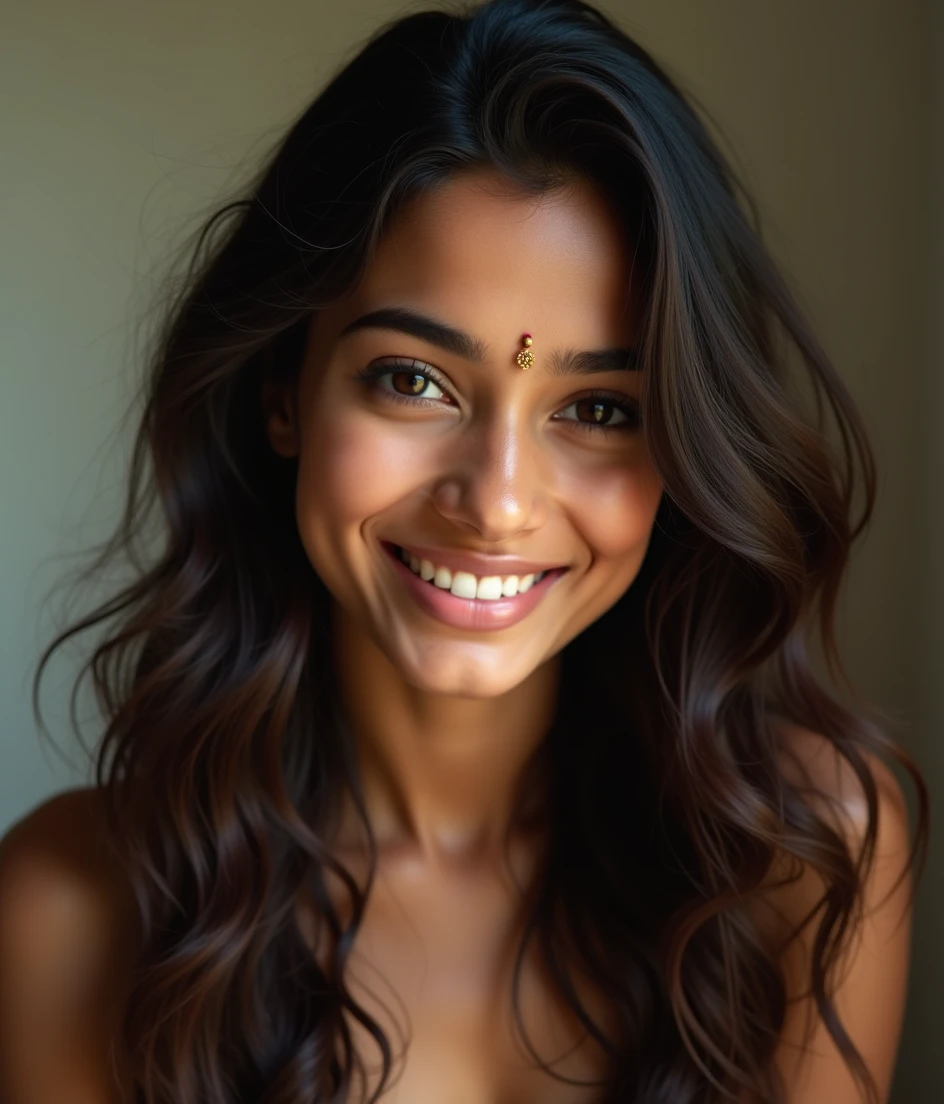 Beautiful ,23 years young Indian girl healthy, ,8k,realistic, raw photo,dark brown hair,fair skin, indian,long hair,clear facial features,, very detailed, 23years old, innocent face, natural wavy hair, high resolution, masterpiece, best quality, intricate details, highly detailed, sharp focus, detailed skin, realistic skin texture, texture, detailed eyes, professional, 4k, charming smile, shot on Canon, 85mm, shallow depth of field, kodak vision color, perfect fit body, extremely detailed, foto_\(ultra\), photorealistic, realistic, post-processing, maximum detail, roughness, real life, ultra realistic, photorealism, photography, 8k uhd, photography with bindi