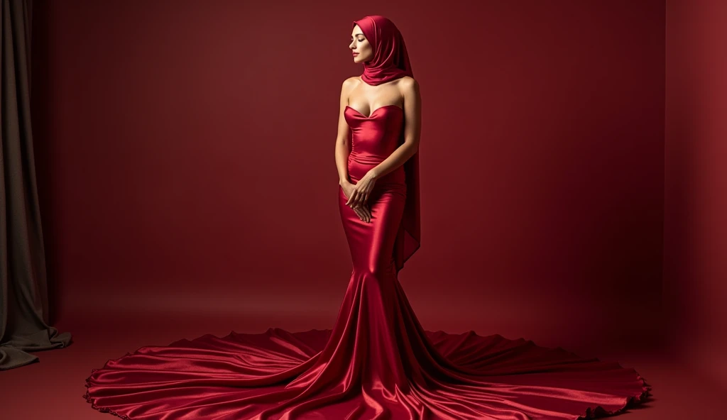 Captivating, elegant woman is engendered in a cascade of four-meter-long, ruby-red, plush satin fabric. The material clings tightly to her figure, spreading out into a pooled train at her feet, mimicking a mermaid's tail. A satin hijab cloaks her head, in bed room, revealing only a hint of her upper body. This full-body portrait radiates a mythical sophistication. Wrapped, eth