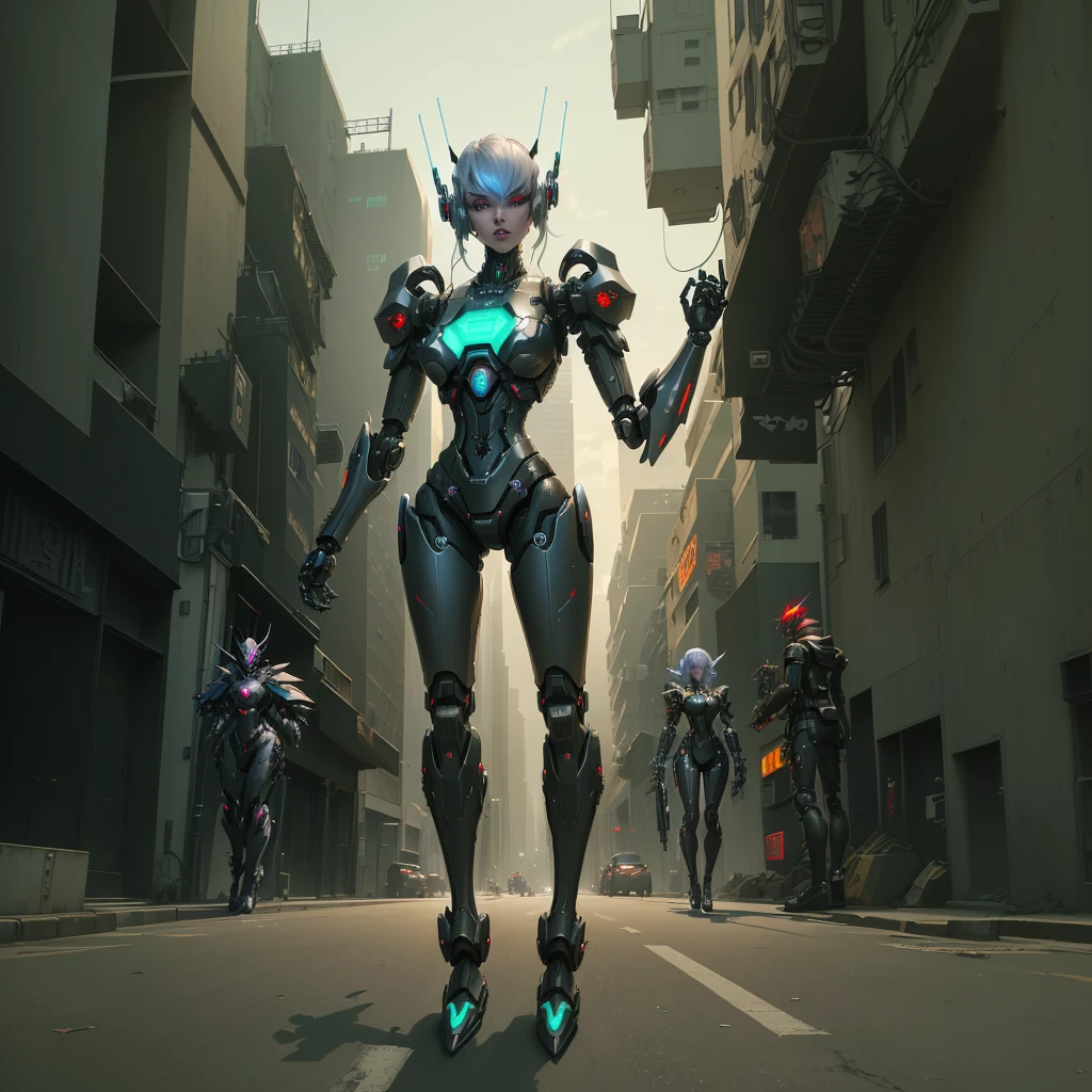 there is a robot that is standing in the middle of a street, futuristic robot devil, dominatrix assassin robot, cyberpunk robotic elvish queen, cyberpunk mechanoid, beautiful robot character design, cyber mech, deep cyberpunk mechanoid, clothed in cyber armour, depraved cybernetic demon, cyberpunk anime girl mech, girl in mecha cyber armor, cyberpunk robot