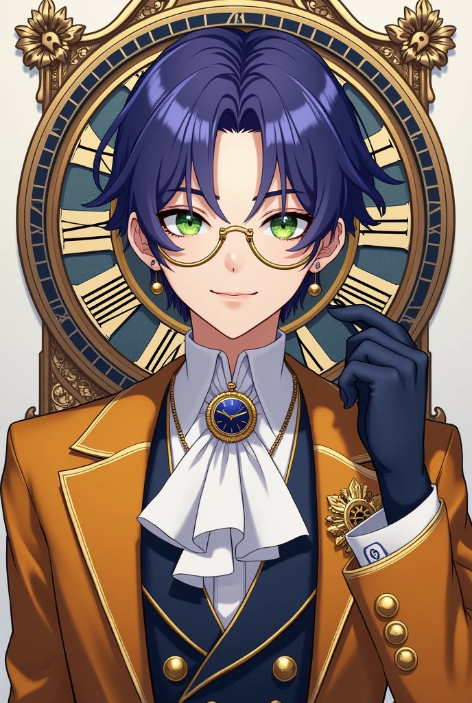 A young male Idol with neat and elegant purple-blue hair. Wearing a European-style sexy performance outfit in main color Amber and white, European suits combined with Gothic and Baroque styles, Gothic and clock pattern, stylized like a sexy fashion model. Wearing gold monocle glass and holding a sapphire blue pocket watch. Green eyes. Earrings stylized to match the outfit.
On the background is the Deus ex Machina logo with the symbol of a time-traveling clock. The main color is #e8b923.