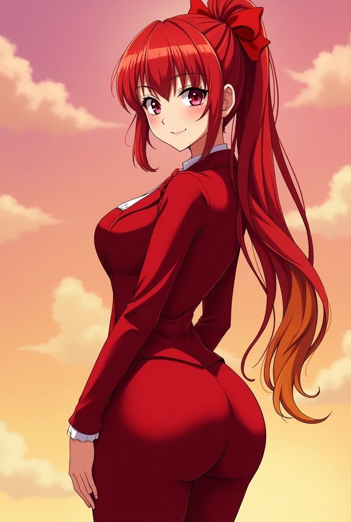 anime style tall woman, floor length red hair, the tip of the hair fades to orange and yellow, hair tied in a ponytail and tied with a red ribbon, curves, a lot of chest, big hips and butt, linda, eyes in gradient from cherry to red, red to orange and orange to yellow with the fringe quite long towards the left side of the face and with a lot of volume and wearing a formal suit with a top all in red 