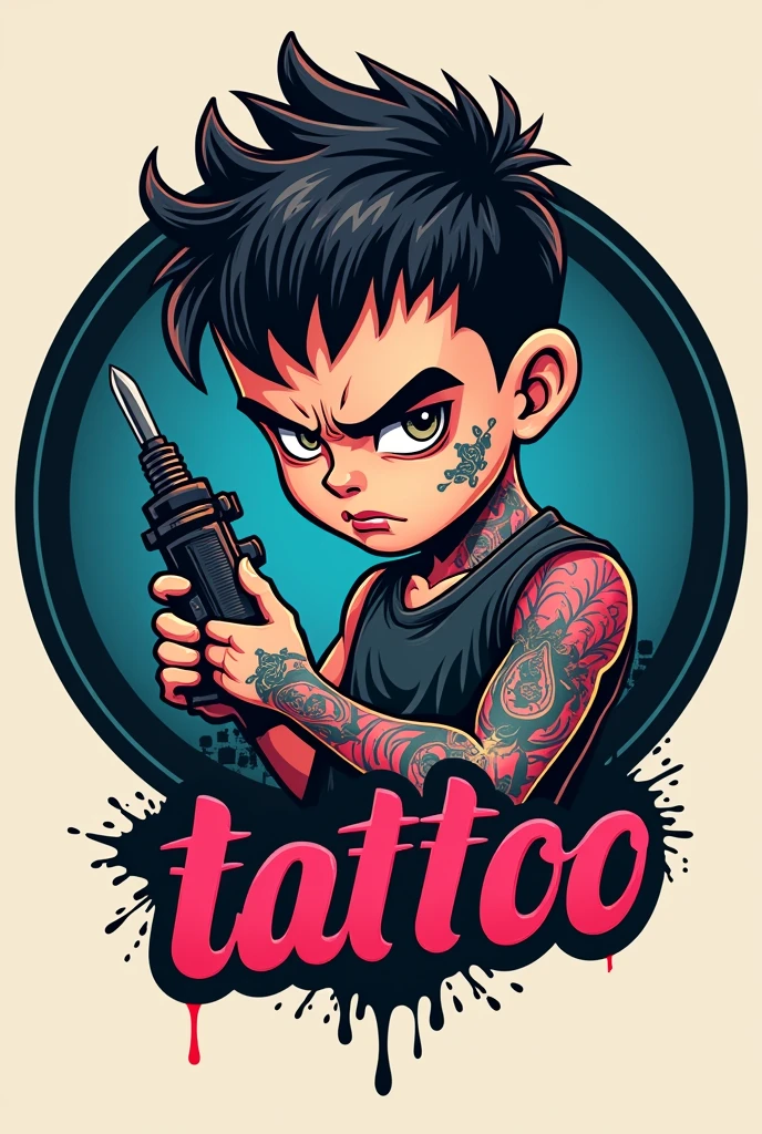 A circle logo with a cool, angry in it with a tattoo while holding a tattoo machine on the back of which is written blessink tattoo in red, blue, pink, black