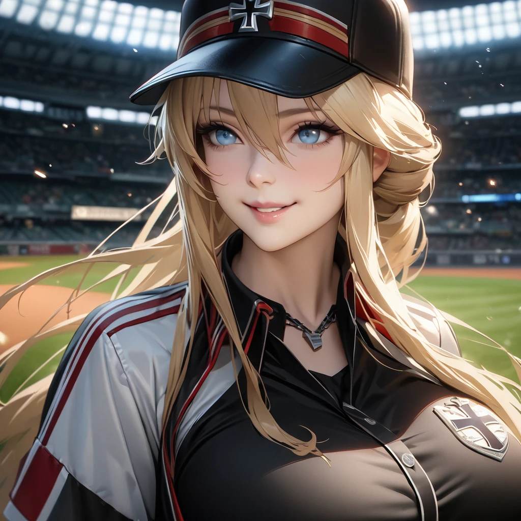 (KMS Bismarck, Azur Lane), A woman wearing a black baseball uniform with red and yellow details, wearing a black baseball hat with an iron cross, blonde hair, long hair, ice blue eyes, black skirt, exposed feathers, sports shoes, standing in a baseball stadium , green lawn, night place. , smiling, big breasts. .UHD, masterpiece, accurate, anatomically correct, textured skin, super detail, high quality, best quality, 8k, high resolution, bokeh effect.(solo woman),white gloves, realistic, close view.