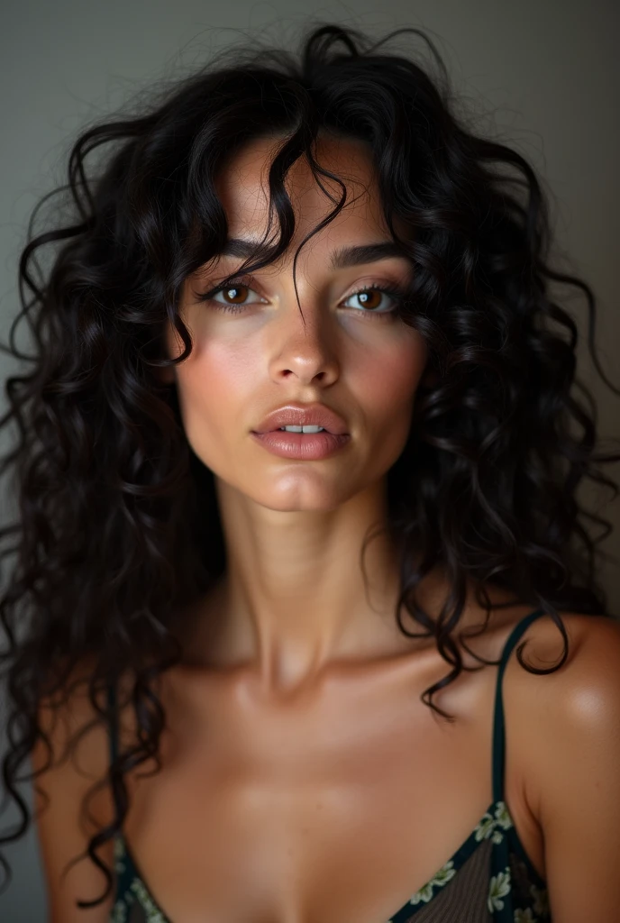 A beautiful caucasian girl in her mid 20s, with black curly, long hair
