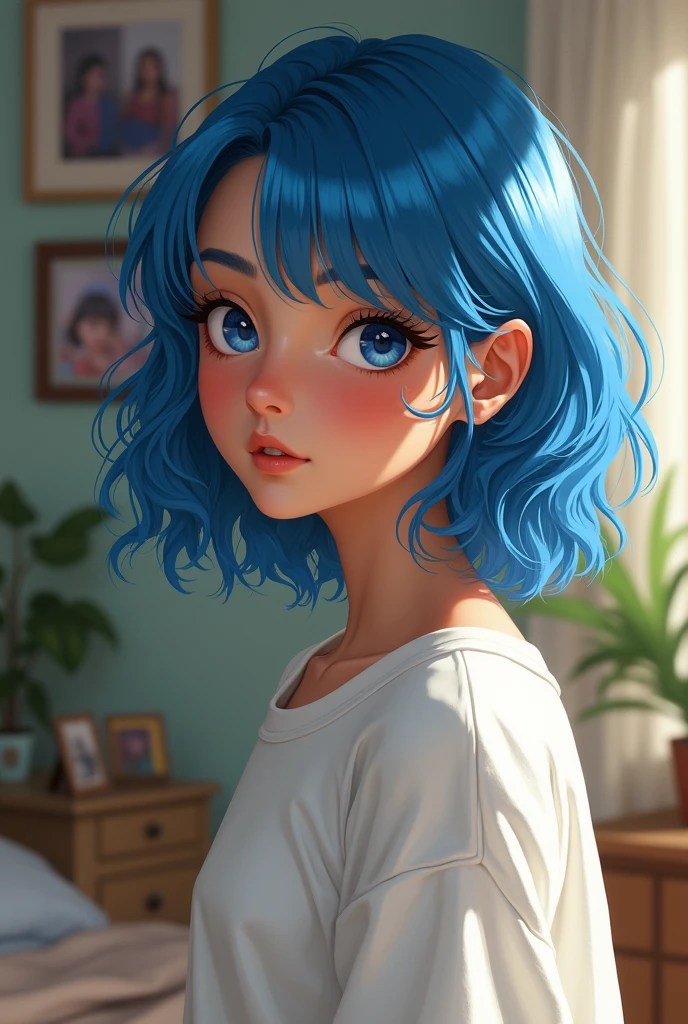 Latina 15 years old blue hair white clothes at home realistic image