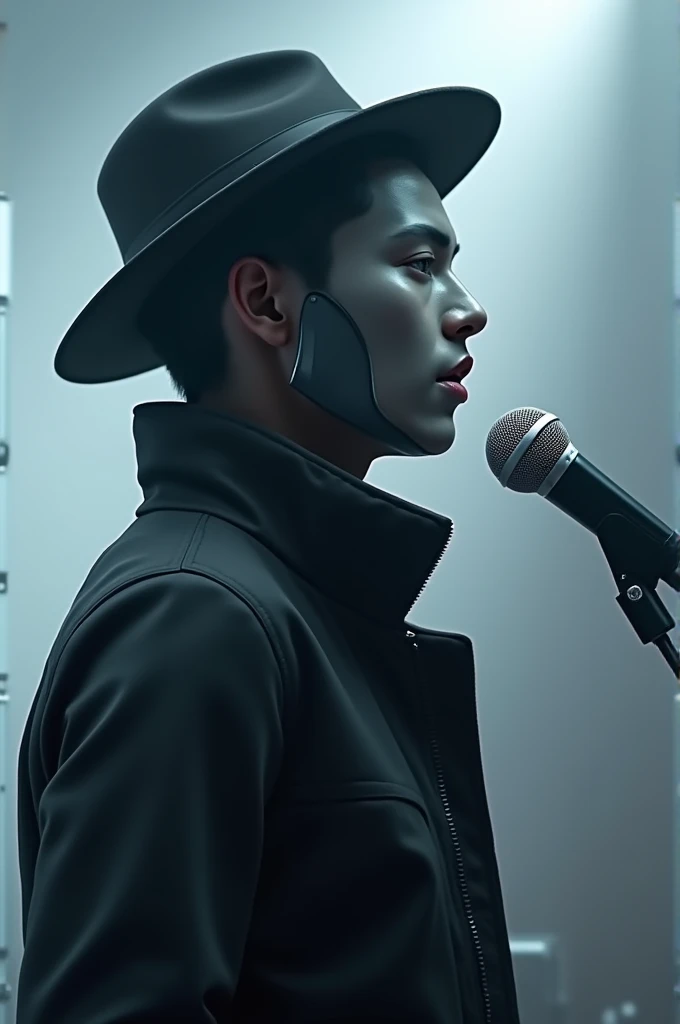 Generate an image of a person singing, to look from the right profile, with a futuristic gray mask with a black jacket with the hat on and with his right hand holding a microphone, you should only look at half of the person&#39;s body, the diffuse background 
