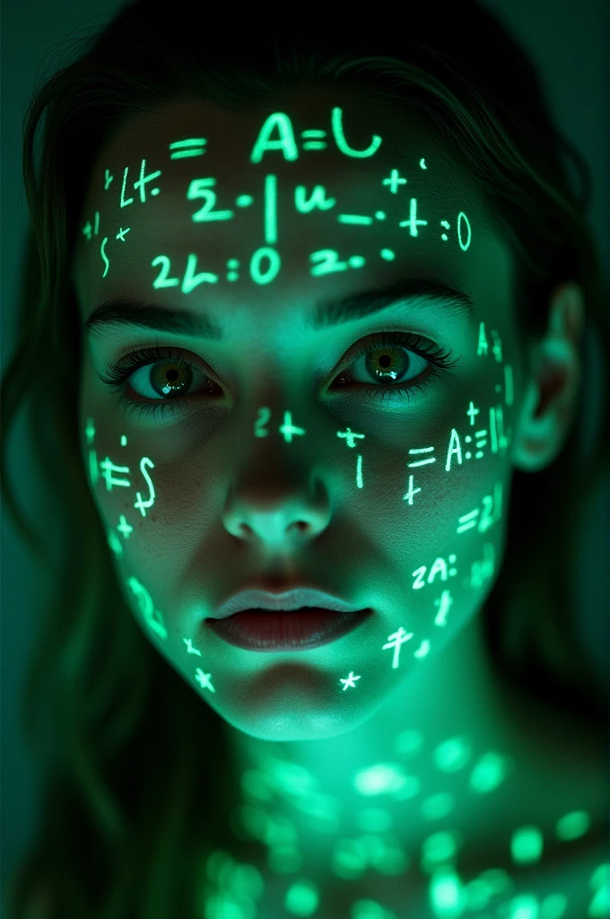 Close-up of woman's face, glowing green holographic equations projected onto skin. Intense gaze, realistic features. Dark background, cyberpunk aesthetic. Luminous mathematical formulas, handwritten style. Futuristic, high-tech atmosphere. Photorealistic rendering, dramatic lighting, sharp contrast