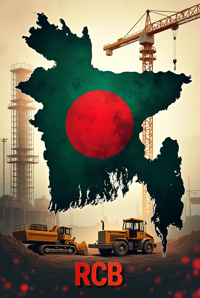 Bangladesh map with flag and construction theme in it and written RCB at the bottom and blood sprinkles