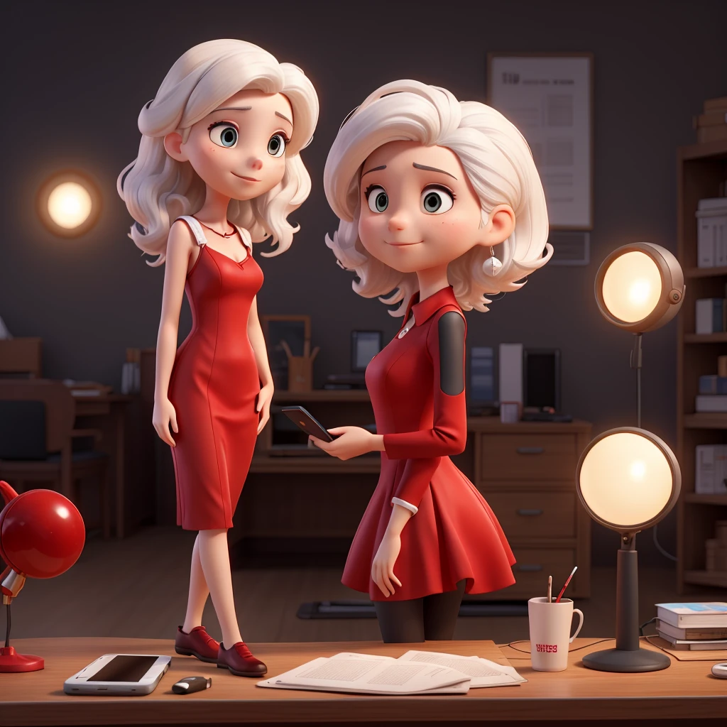 woman white hair, mobile phone, Red dress, Black background,
cameras, fans, located side, thinking desk
