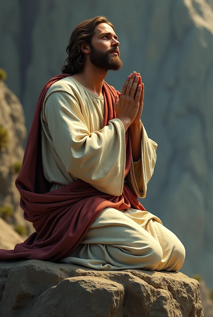 Jesus sitting on a rock with his hands together positioned to pray, like God, blessed, thank you, prayer, praying, realistic, pray, pious, kneeling in prayer, praying hands, royal blue eyes,